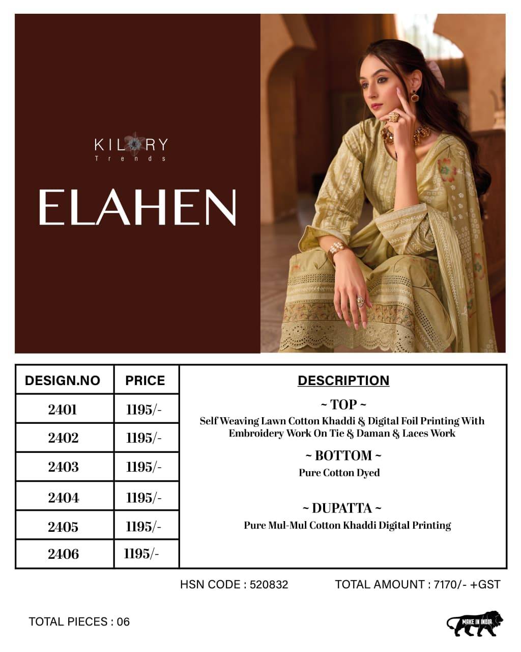 ELAHEN By KILORY TRENDS 2401 To 2406 Series Beautiful Festive Suits Colorful Stylish Fancy Casual Wear PURE LAWN COTTON Dresses At Wholesale Price